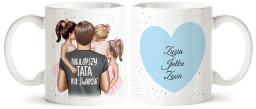 Kubek z tata i trójka dzieci – prezent na Dzień Taty, dzień Ojca ,personalizowany kubek dla mamy od dzieci, kubek z grafiką rodziny, kubek z imionami dzieci