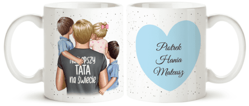 Kubek z tata i trójka dzieci – prezent na Dzień Taty, dzień Ojca ,personalizowany kubek dla mamy od dzieci, kubek z grafiką rodziny, kubek z imionami dzieci