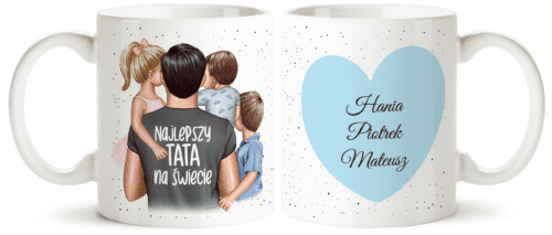 Kubek z tata i trójka dzieci – prezent na Dzień Taty, dzień Ojca ,personalizowany kubek dla mamy od dzieci, kubek z grafiką rodziny, kubek z imionami dzieci