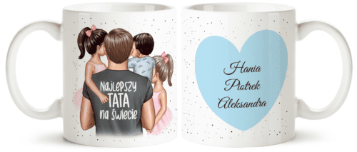 Kubek z tata i trójka dzieci – prezent na Dzień Taty, dzień Ojca ,personalizowany kubek dla mamy od dzieci, kubek z grafiką rodziny, kubek z imionami dzieci