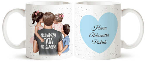 Kubek z tata i trójka dzieci – prezent na Dzień Taty, dzień Ojca ,personalizowany kubek dla mamy od dzieci, kubek z grafiką rodziny, kubek z imionami dzieci