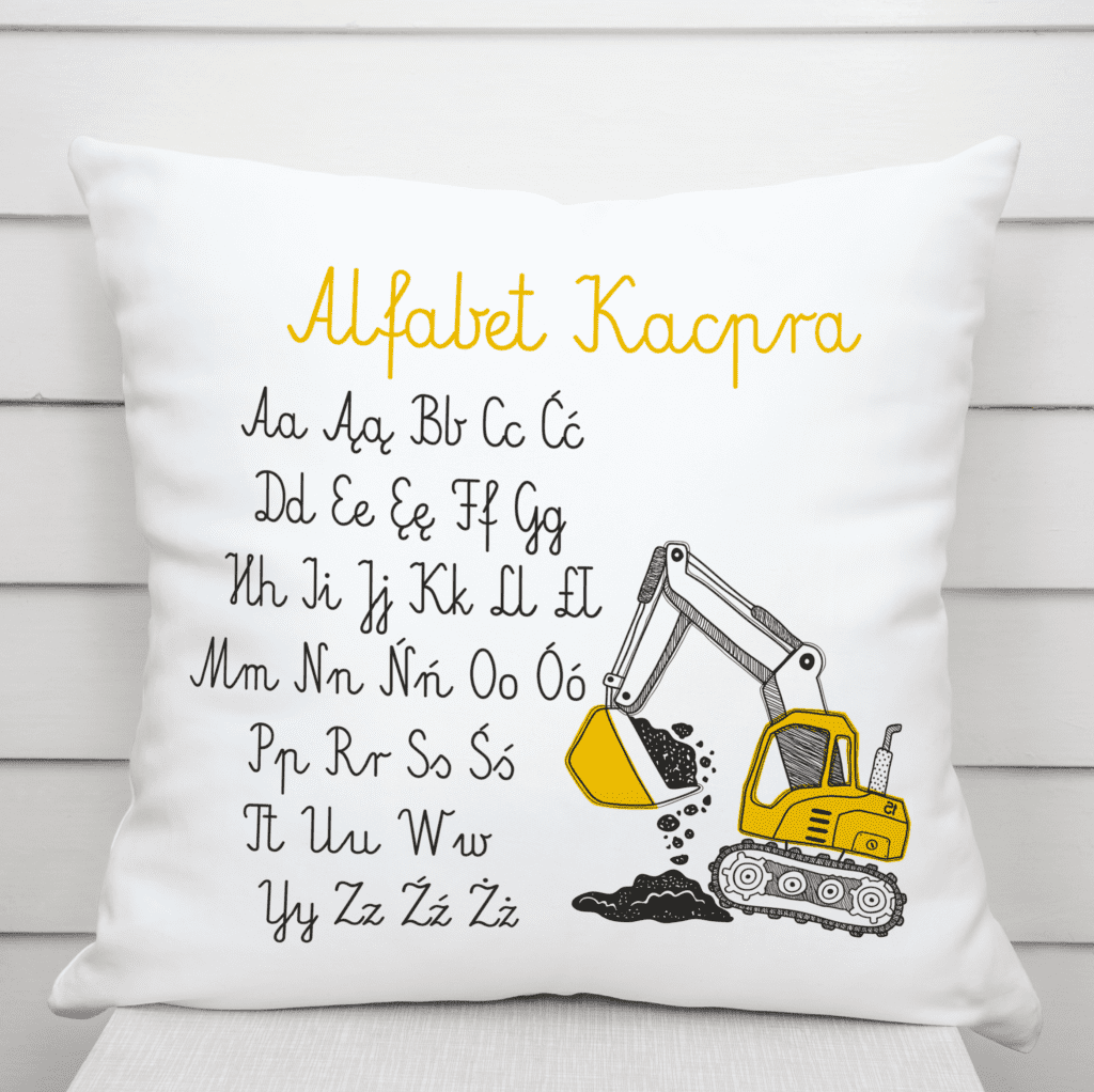 Poduszka z alfabetem koparka. Personalizowana poduszka edukacyjna, prezent dla przedszkolaków i uczniów