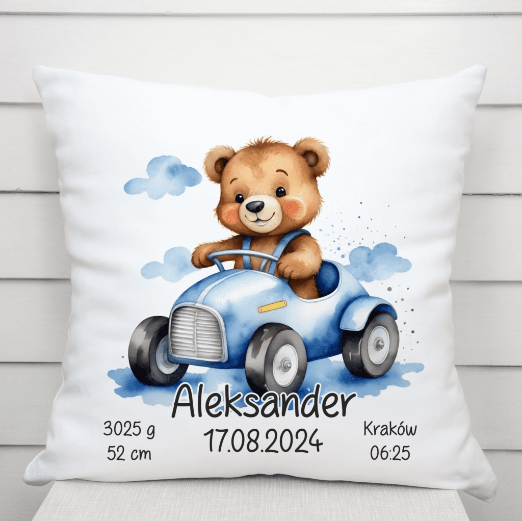 Metryczka Poduszka dla chłopca z imieniem , poduszka z misiem