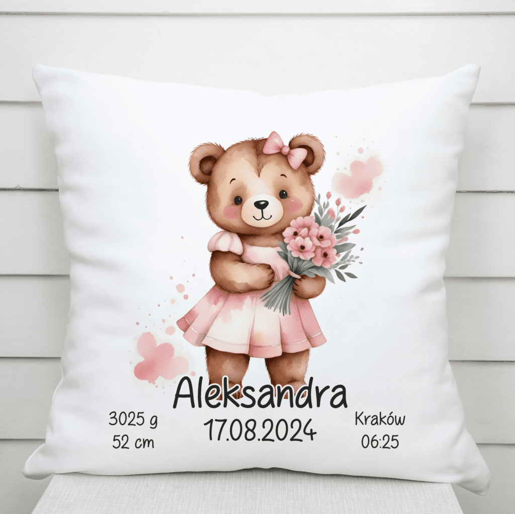 Metryczka Poduszka dla dziewczynki z imieniem , poduszka z misiem