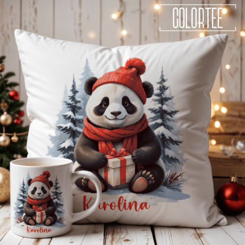 Kubek świąteczny i Świąteczna poduszka z imieniem dla dzieci. Świąteczny zestaw kubek i poduszka z pandą
