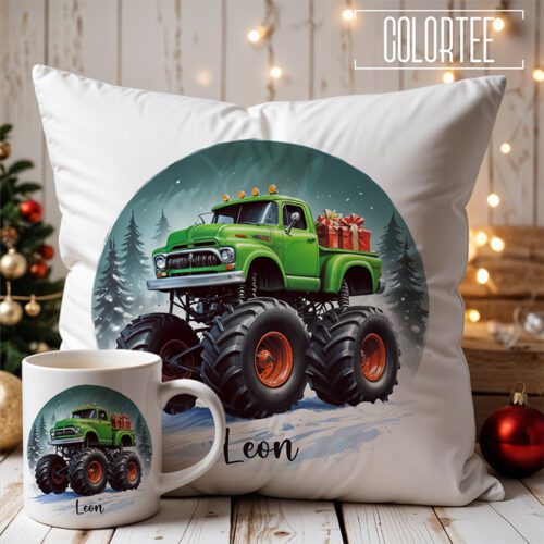 Kubek świąteczny i Świąteczna poduszka z imieniem dla dzieci. Świąteczny zestaw kubek i poduszka z autem , monstertruck , na mikołaja ,prezent dla chłopca