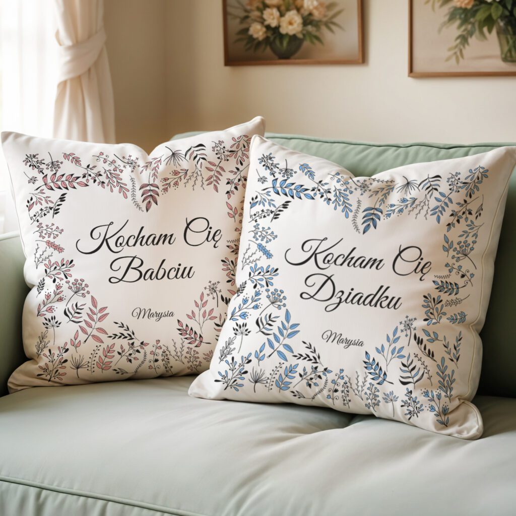 Zestaw dwóch poduszek dla babci i dziadka z nadrukiem, kocham cię babciu, kocham, cię dziadku