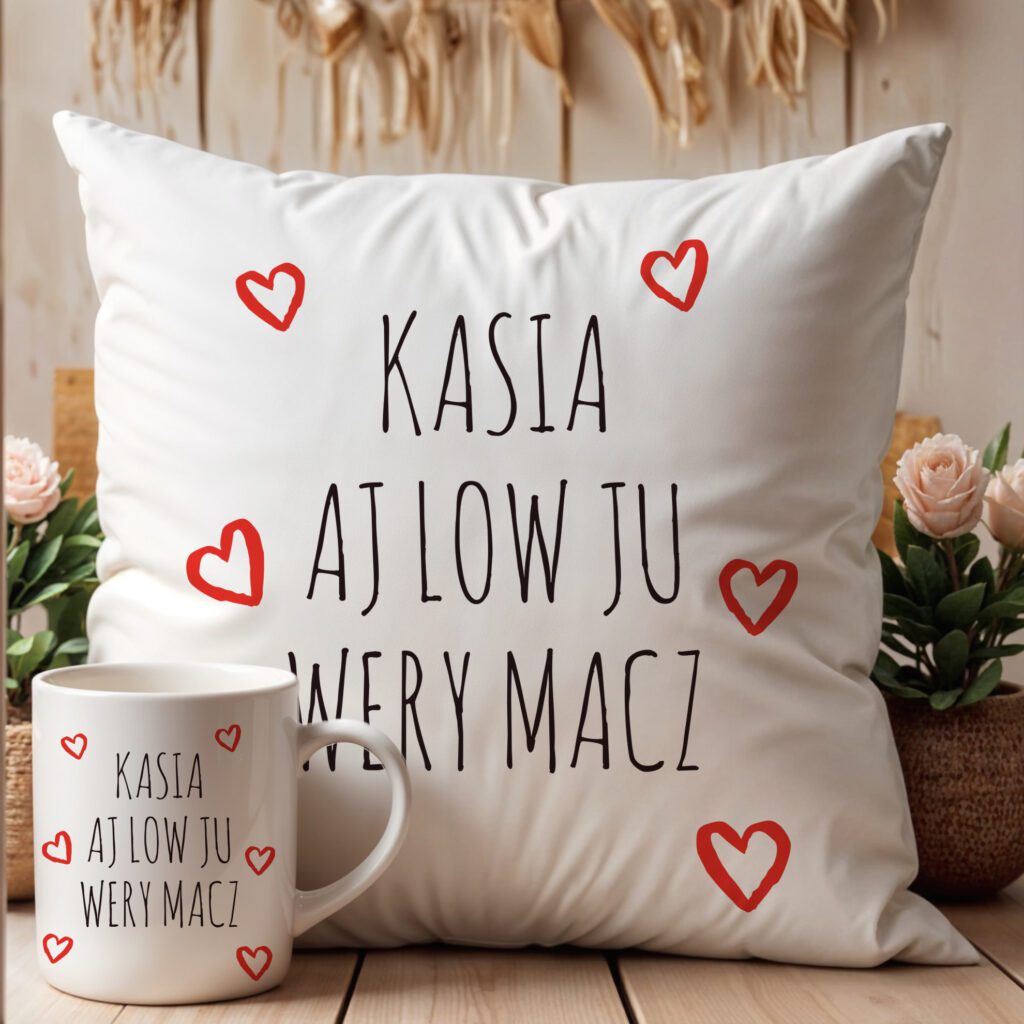 Zestaw poduszka i kubek AJ LOW JU WERY MACZ , prezent na walentynki W10