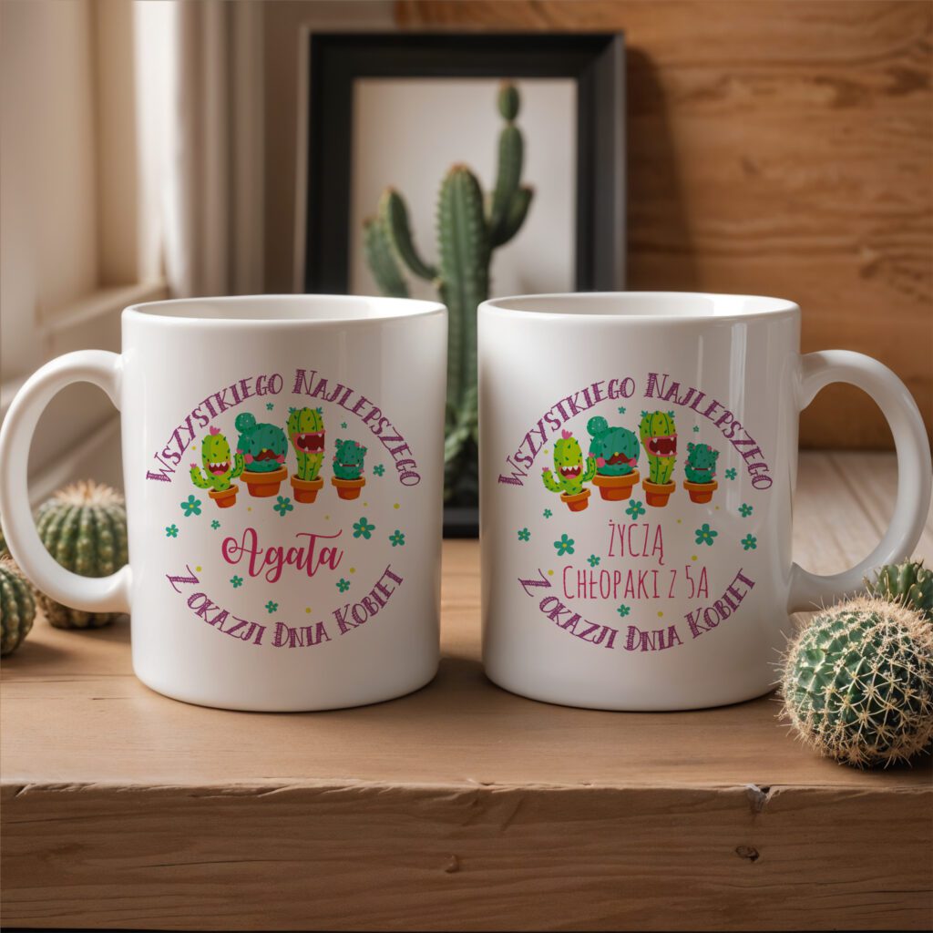 Kubek z imieniem na Dzień Kobiet! Idealny prezent dla dziewczynek w klasie lub przedszkolu. Kubek z kaktusami.