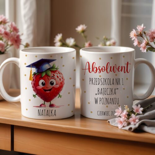 Zakończenie przedszkola prezent Kubek - Upominek z nadrukiem imię dziecka i nazwy przedszkola grupa truskawki , grupa poziomki