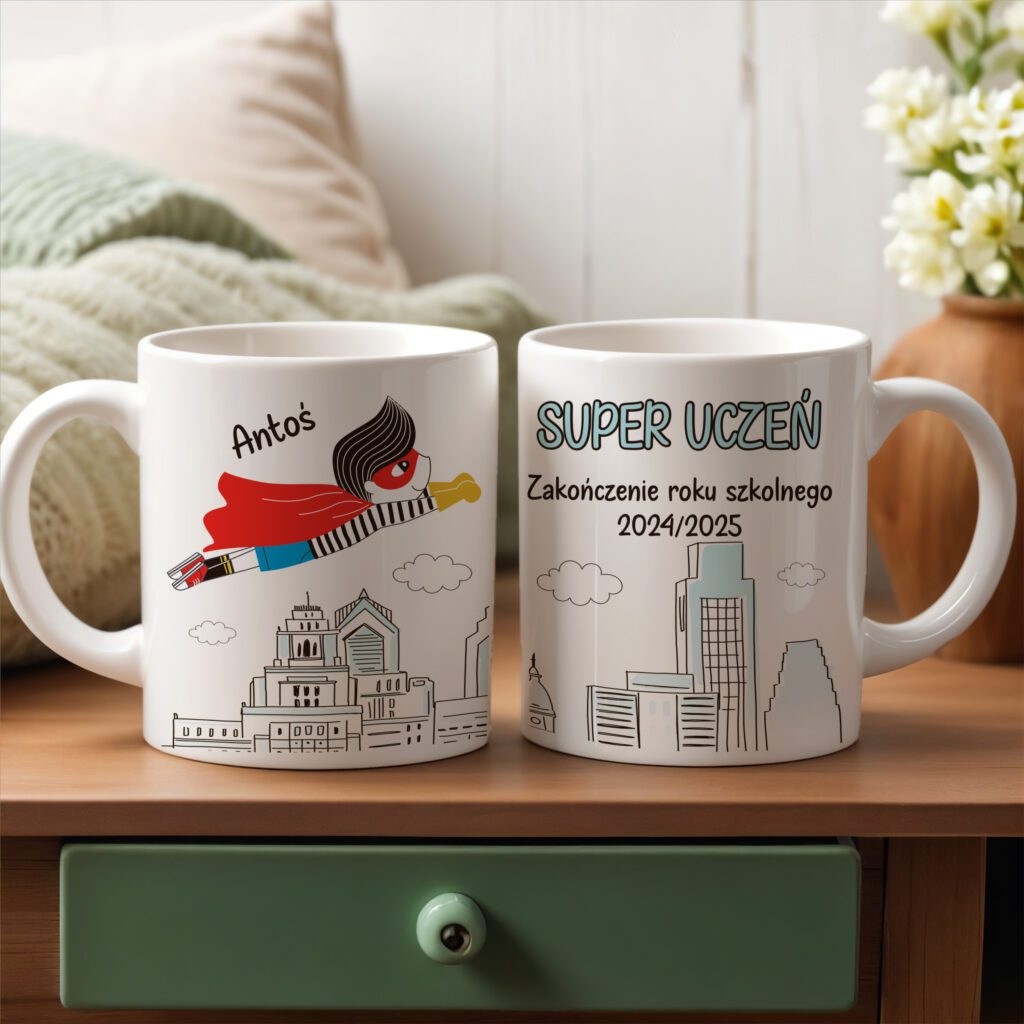 Prezent na zakończenie roku szkolnego Super Uczeń - upominek dla chłopca, kubek z imieniem