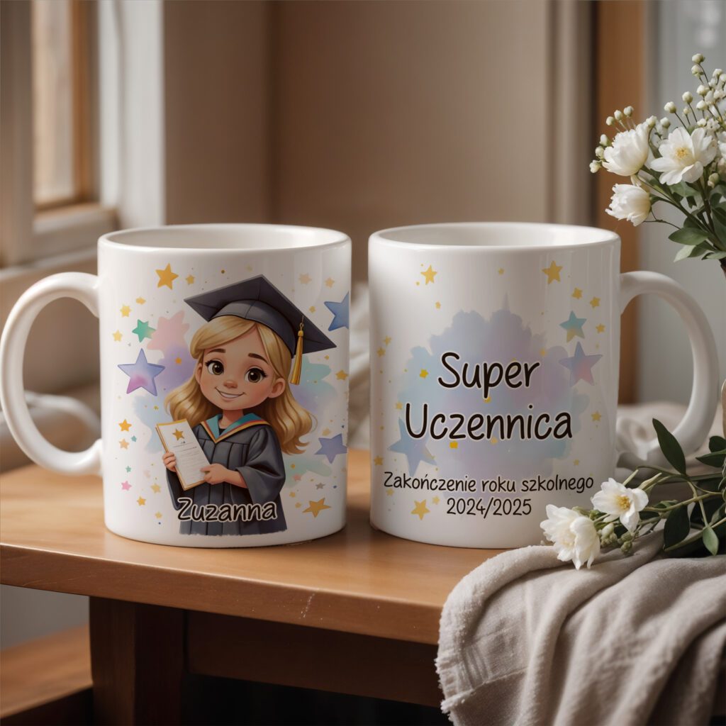 Prezent na zakończenie roku szkolnego Super Uczennica - upominek dla dziewczynki. kubek z imieniem
