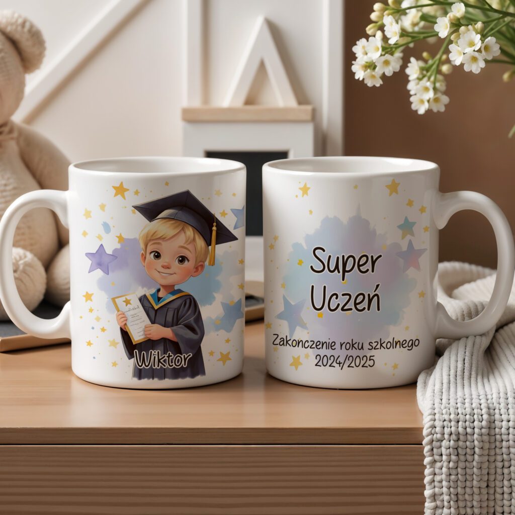 Prezent na zakończenie roku szkolnego Super Uczeń - upominek dla chłopca , kubek z imieniem