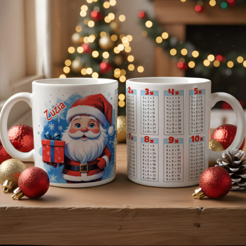 Kubek świąteczny z tabliczką mnożenia, idealny na świąteczny prezent dla klasy. Kubek ozdobiony jest świątecznym wzorem, a tabliczka mnożenia sprawia, że codzienne picie napoju staje się okazją do nauki matematyki