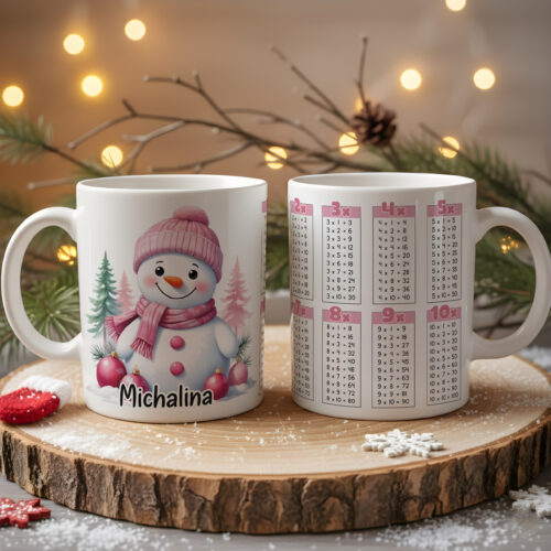Kubek świąteczny z tabliczką mnożenia, idealny na świąteczny prezent dla klasy. Kubek ozdobiony jest świątecznym wzorem, a tabliczka mnożenia sprawia, że codzienne picie napoju staje się okazją do nauki matematyki