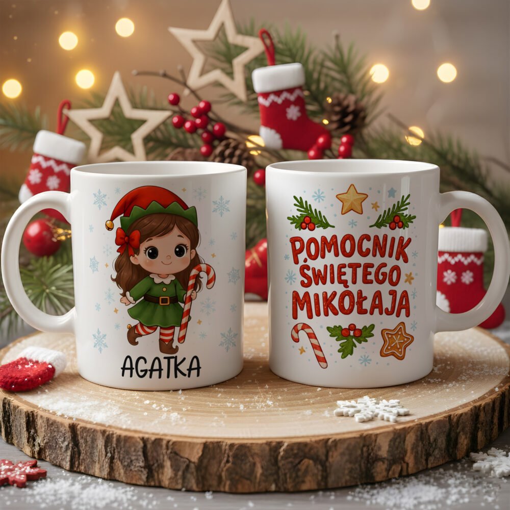 Kubek świąteczny z imieniem dziecka dla przedszkola Pomocnik Mikołaja Elf chłopiec i dziewczynka