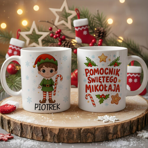 Kubek świąteczny z imieniem dziecka dla przedszkola Pomocnik Mikołaja Elf chłopiec i dziewczynka
